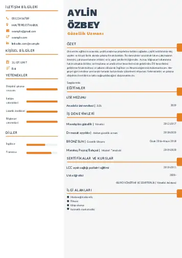 Güzellik Uzmanı Cv Örnekleri  cv indir